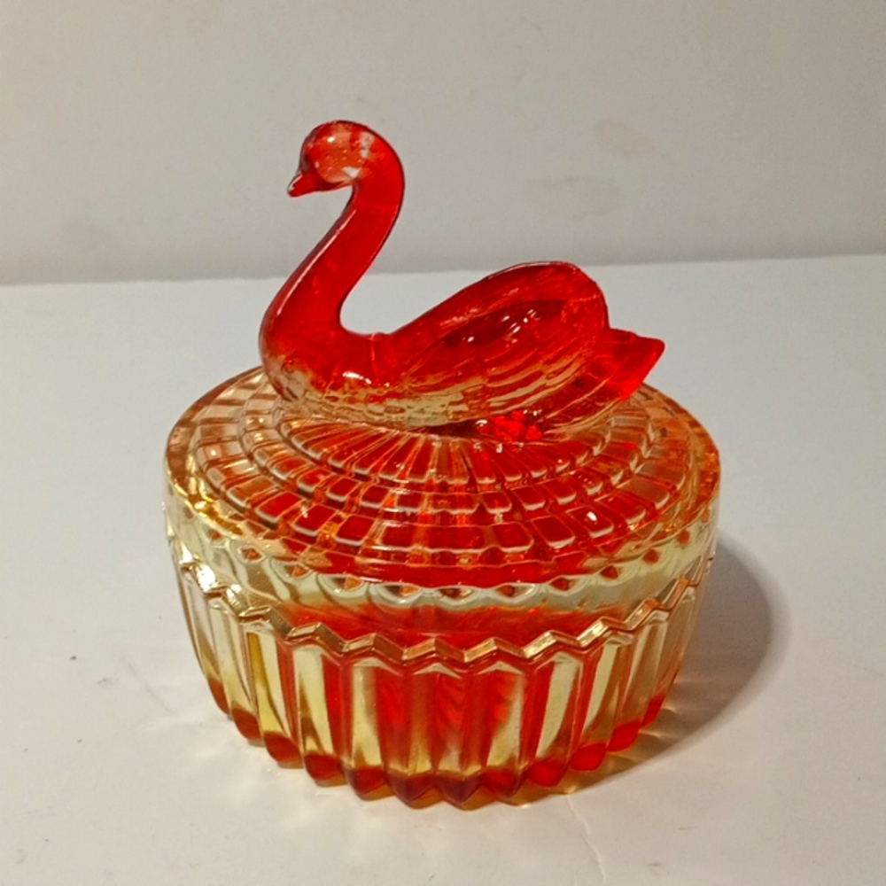 Vintage Jeannette Amberina glass swan lid powder dish trinket dish.